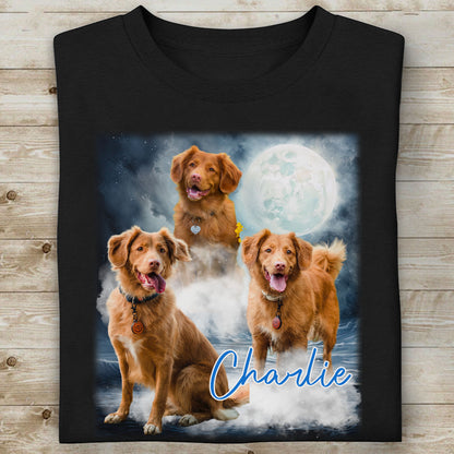 Custom PET PORTRAIT Memorial Tee, Retro Vintage Dog Cat With Moon Custom Your Own Photo Tee C552