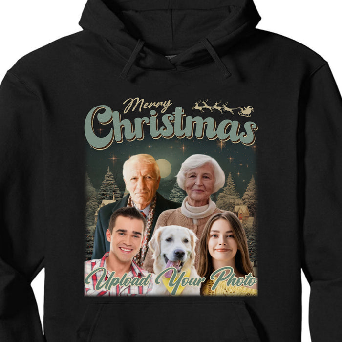 Live Preview Custom Your Pets Christmas Tee, Retro Vintage Portrait Bootleg shirt, Personalized with Your Own Dog or Cat Photo C849