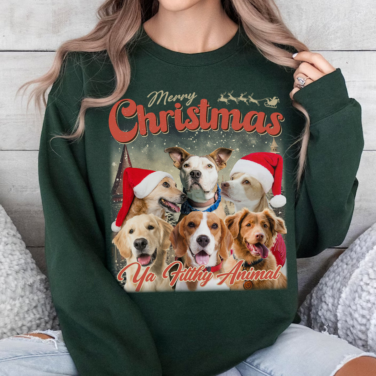 Live Preview Custom Your Pets Christmas Sweatshirt Retro Vintage Portrait Bootleg Sweater Personalized with Your Own Dog or Cat Photo The Red First