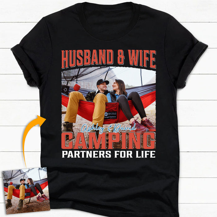 Husband & Wife Camping Partners For Life, Live Preview Personalized Couples Shirt, Custom Valentines Photo Shirt C870
