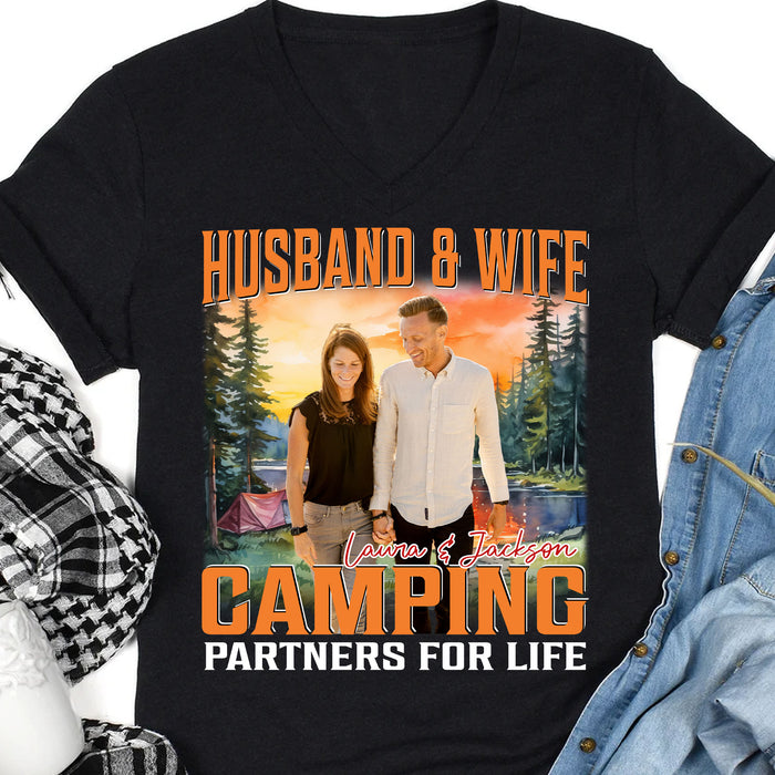 Husband & Wife Camping Partners For Life, Live Preview Personalized Couples Shirt, Custom Valentines Photo Shirt C870