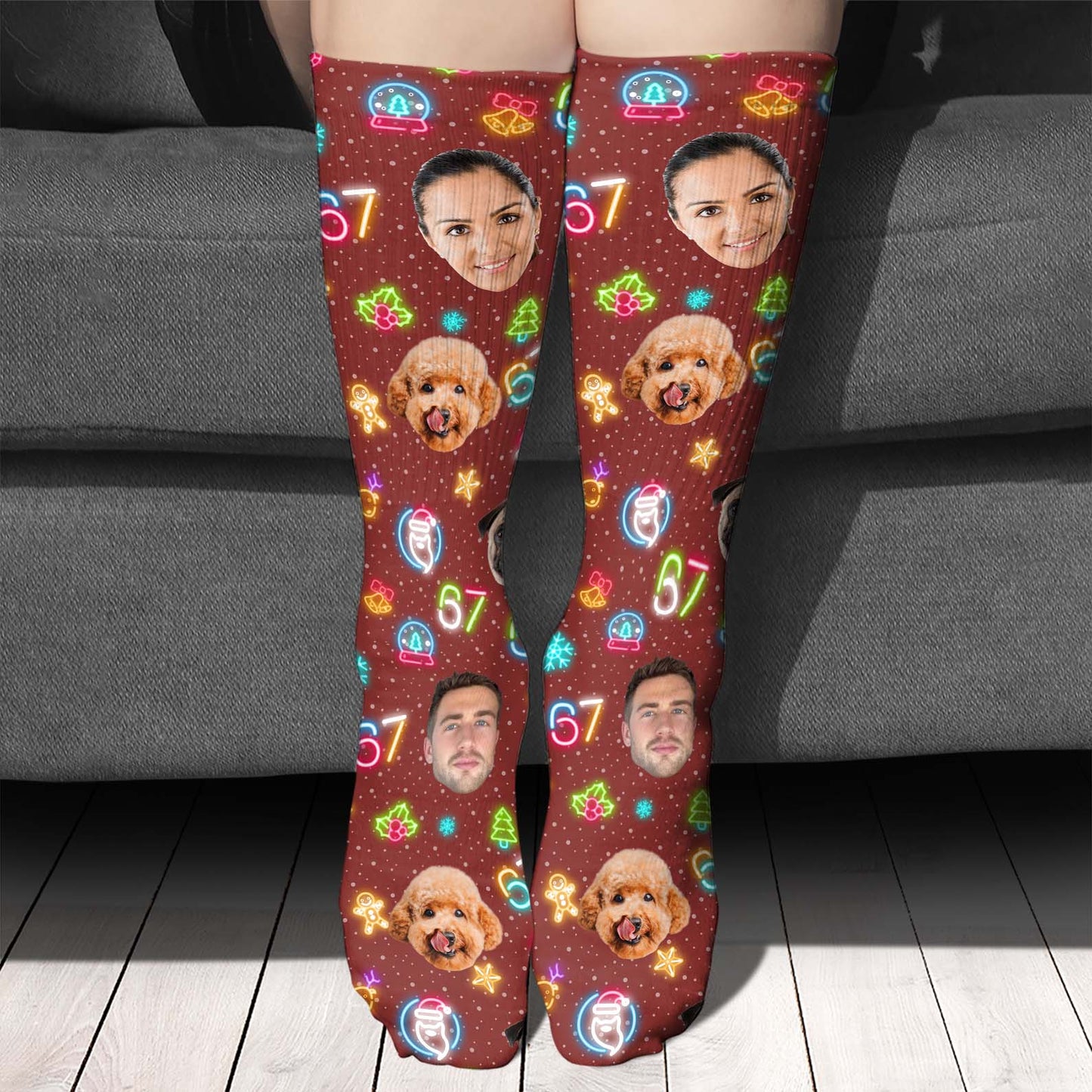 Custom Face 6 7 Christmas Socks | Custom Photo Six Seven Meme Christmas Socks | Personalized Funny Socks For Christmas 683686