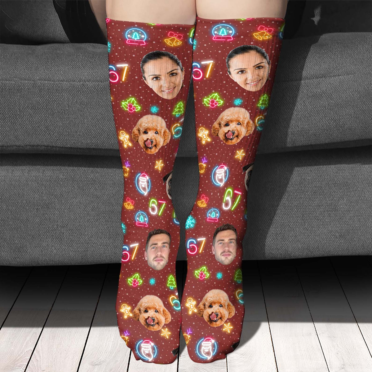Custom Face 6 7 Christmas Socks | Custom Photo Six Seven Meme Christmas Socks | Personalized Funny Socks For Christmas 683686