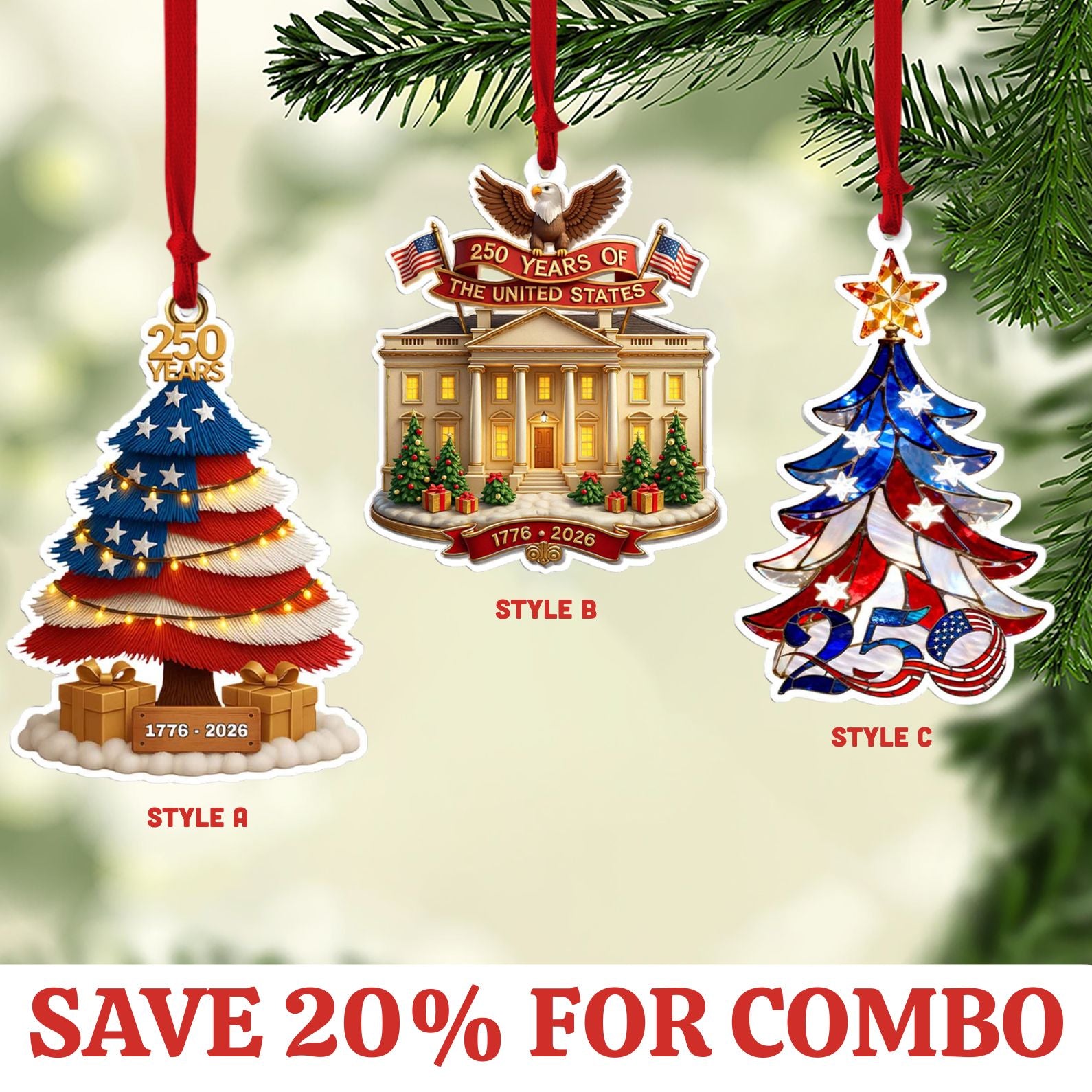 250 Years of America Acrylic Ornament | 250th Anniversary 1776–2026| Patriotic 4th of July Combo Ornament