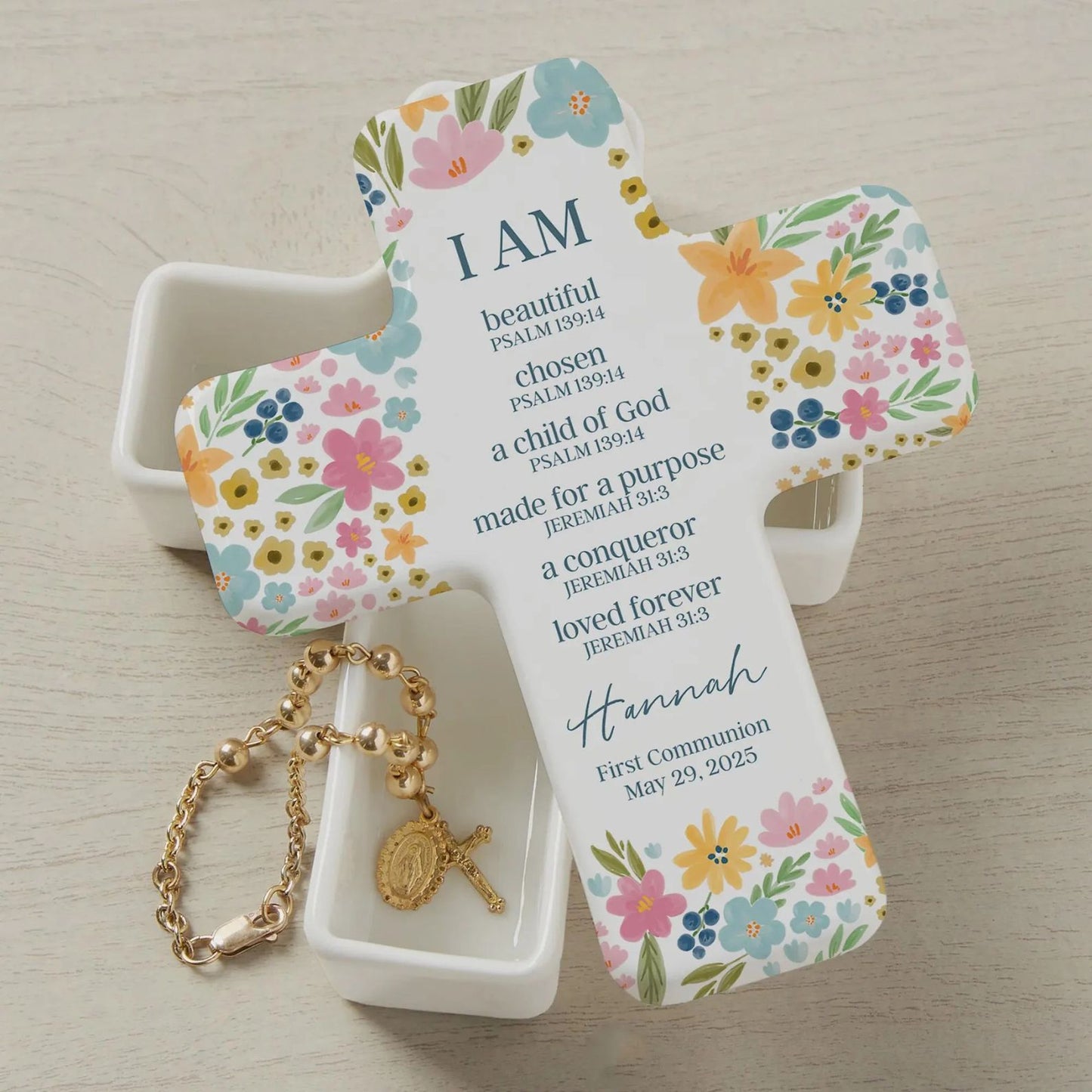 Floral Holy Name Cross Box | Personalized Ceramic Keepsake | Custom Cross Box | Gift For Baptism 684800