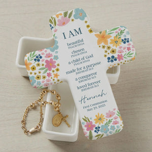 Floral Holy Name Cross Box | Personalized Ceramic Keepsake | Custom Cross Box | Gift For Baptism 684800