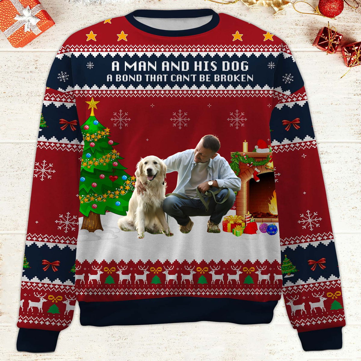 A Man And His Dog Christmas Ugly Sweater, Personalized Custom All-Over-Print Sweatshirt, Custom Photo Gift For Dog Dad 683449