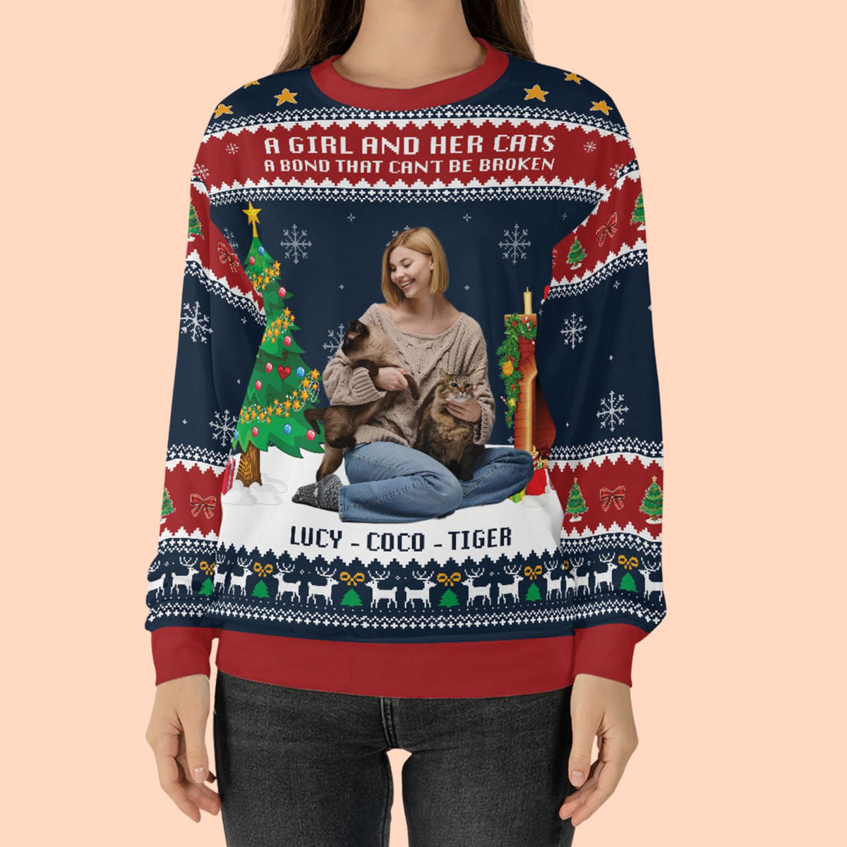 A Girl And Her Dog Christmas Ugly Sweater, Personalized Custom All-Over-Print Sweatshirt, Custom Photo Gift For Dog Moms 683449
