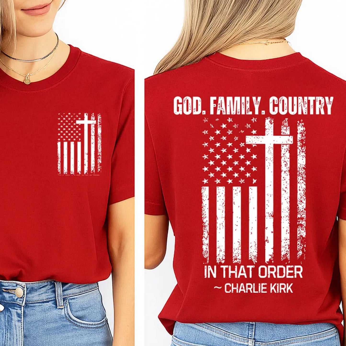God Family Country In That Order Charlie Kirk Red Shirt | Red Freedom Shirt | We Wear Red Charlie Kirk Birthday October 14 Pocket & Back Shirt 683203