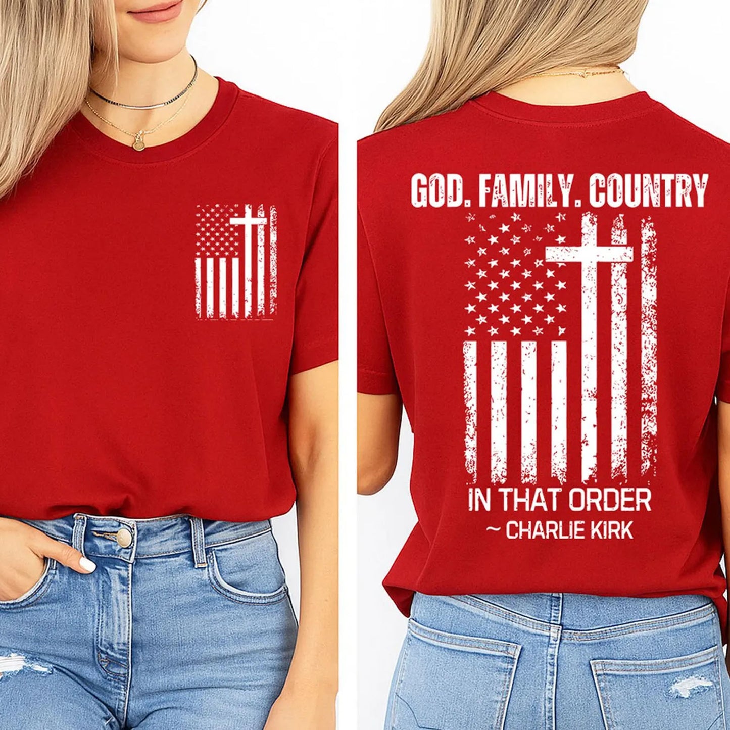 God Family Country In That Order Charlie Kirk Red Shirt | Red Freedom Shirt | We Wear Red Charlie Kirk Birthday October 14 Pocket & Back Shirt 683203