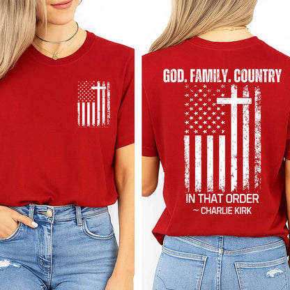 God Family Country In That Order Charlie Kirk Red Shirt | Red Freedom Shirt | We Wear Red Charlie Kirk Birthday October 14 Pocket & Back Shirt 683203