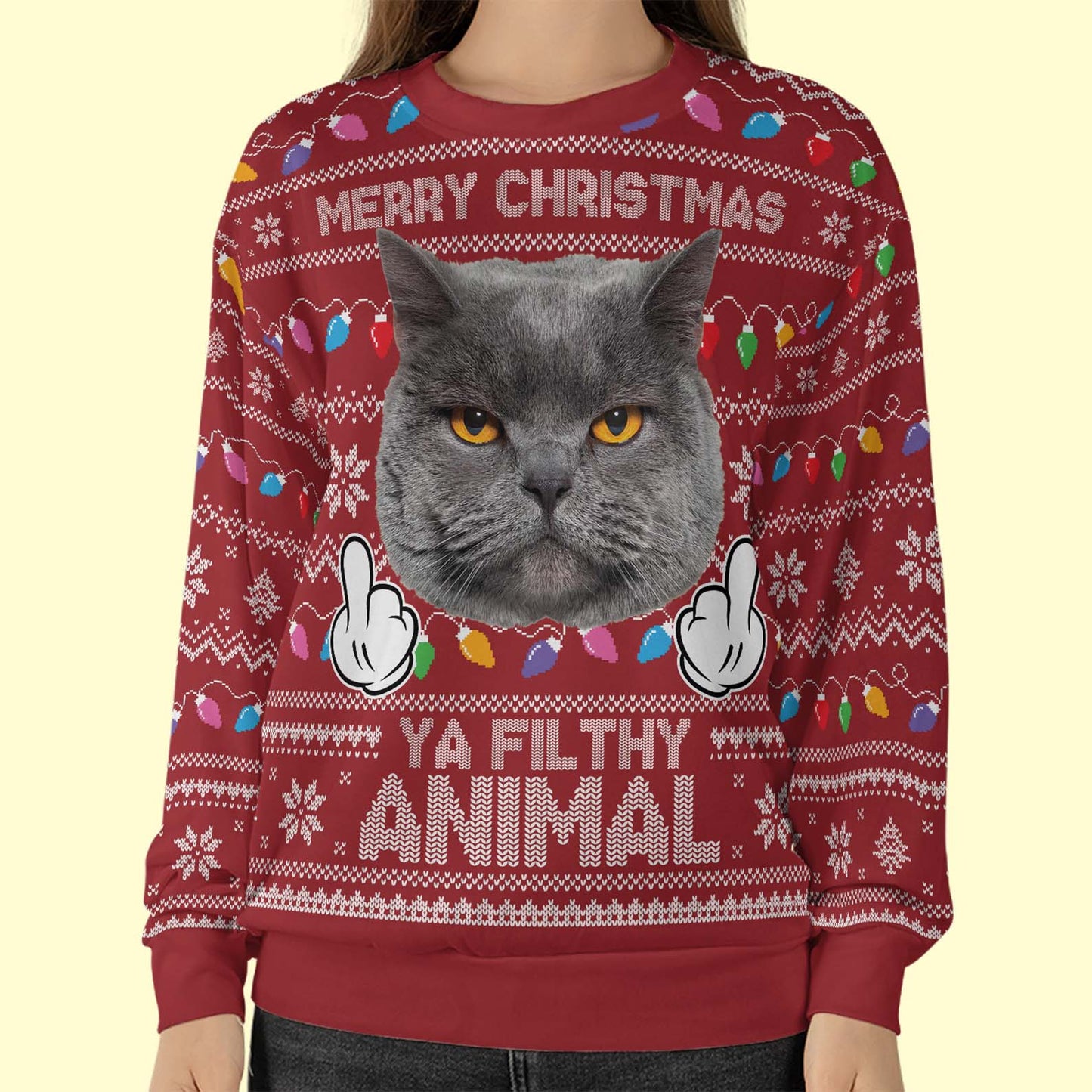 Merry Christmas Ya Filthy Animal Custom Face Ugly Sweater, Custom Photo Christmas All-Over-Printed Sweatshirt, Gift For Dog Lovers Cat Lovers 683467