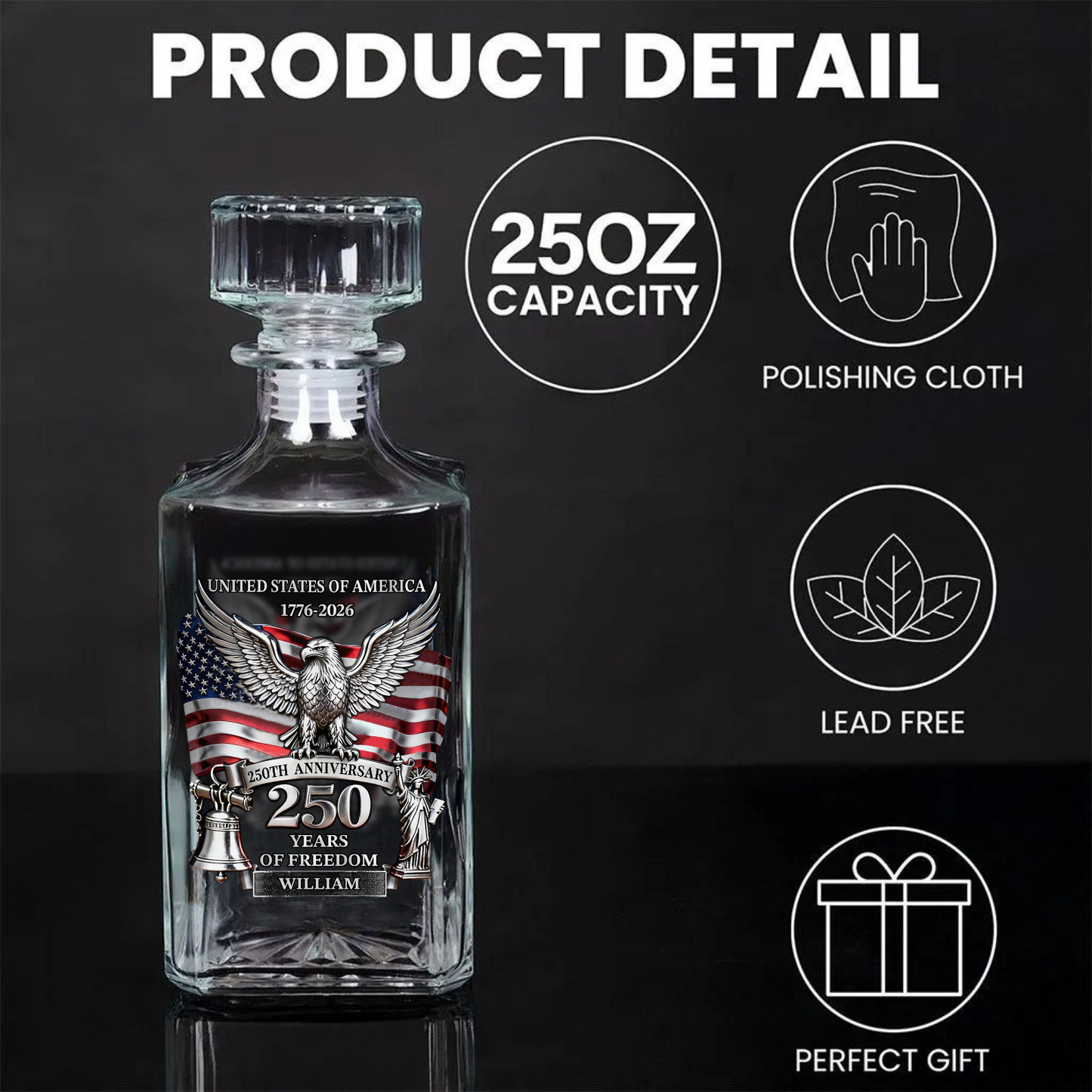 Personalized USA 250 Years Anniversary Whiskey Decanter Set | Whiskey Glass & Bottle Set Gift Patriot 684619
