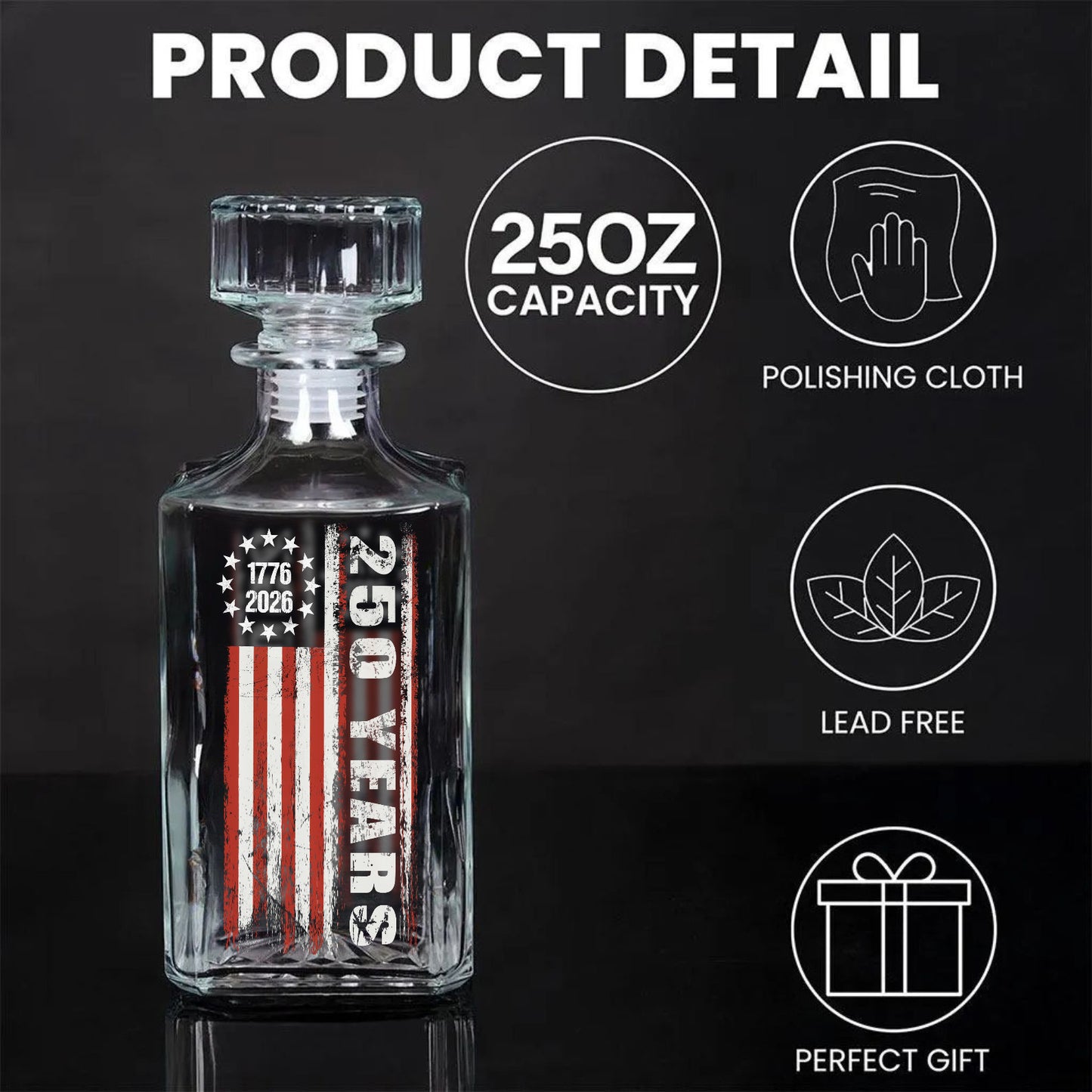 250 Years USA Anniversary Whiskey Bottle Whiskey Glass | Patriotic 1776–2026 4th of July Whiskey Decanter Set 684091