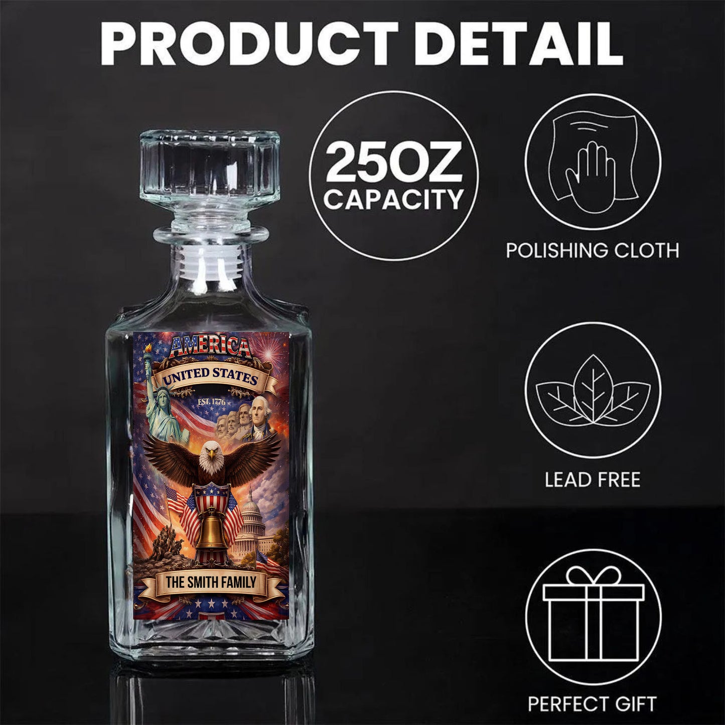 Custom Name 250 Years USA Anniversary Whiskey Decanter Set | Patriotic 1776–2026 Whiskey Glass Whiskey Bottle 684351