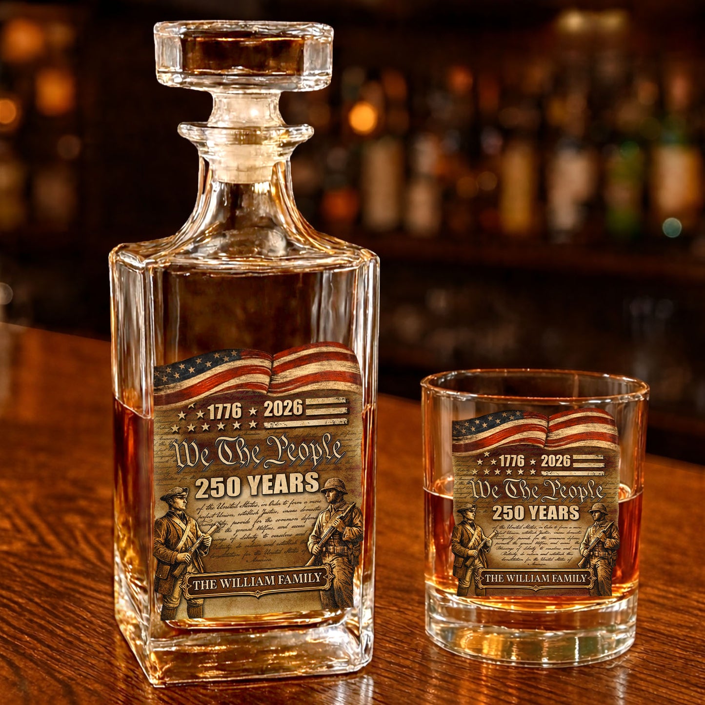 Custom Name 250 Years We The People 1776-2026 Whiskey Decanter Set | Patriotic Whiskey Bottle Whiskey Glass 684347