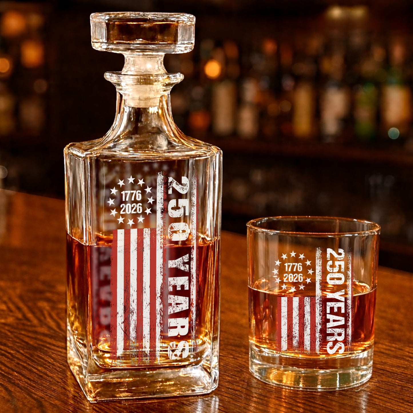 250 Years USA Anniversary Whiskey Bottle Whiskey Glass | Patriotic 1776–2026 4th of July Whiskey Decanter Set 684091