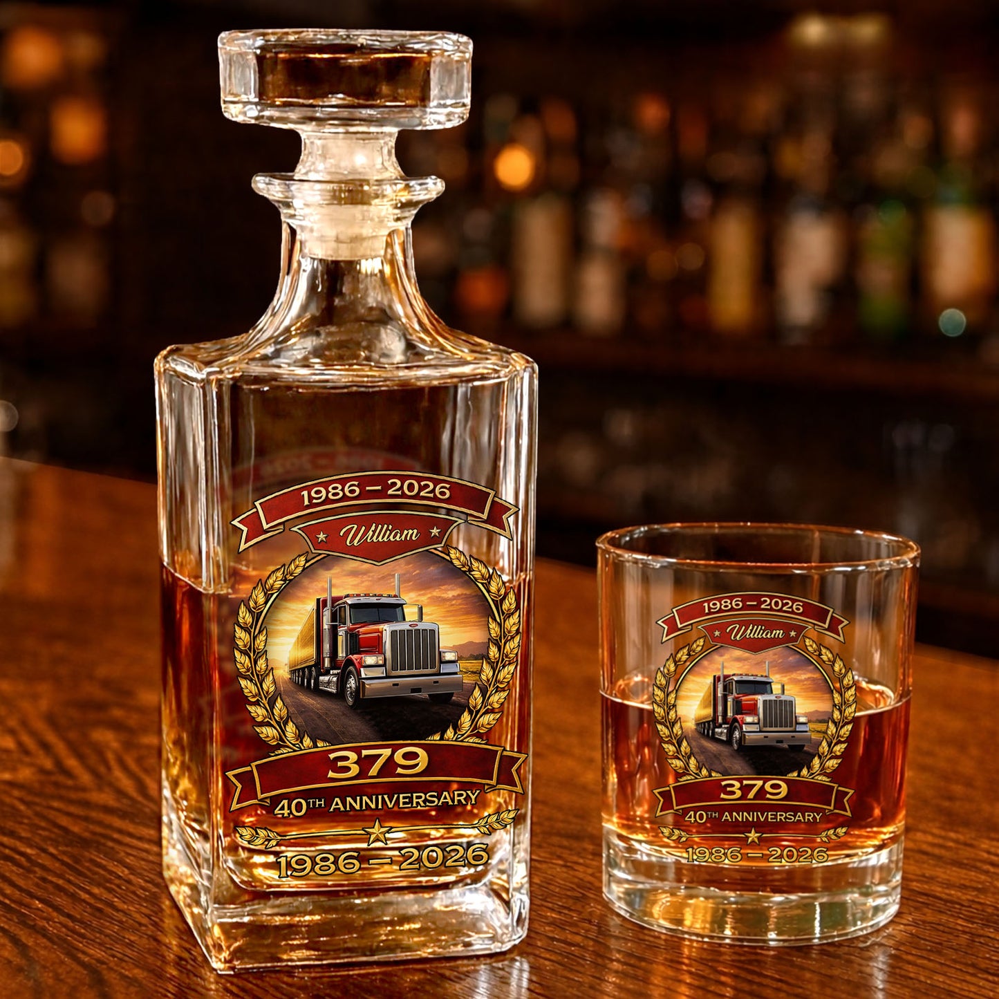 Custom Name 379 Truck Whiskey Decanter Set | 40th Anniversary 1986–2026 Whiskey Bottle Whiskey Glass 684093
