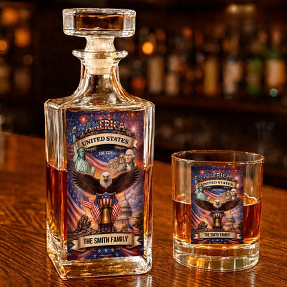 Custom Name 250 Years USA Anniversary Whiskey Decanter Set | Patriotic 1776–2026 Whiskey Glass Whiskey Bottle 684351