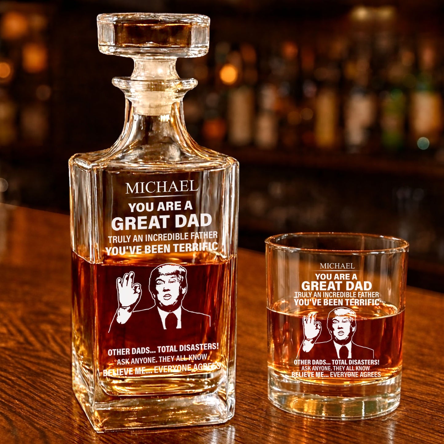 Personalized Dad Whiskey Decanter Set | Funny Trump Whiskey Glass Whiskey Bottle | Father's Day Gift 684566