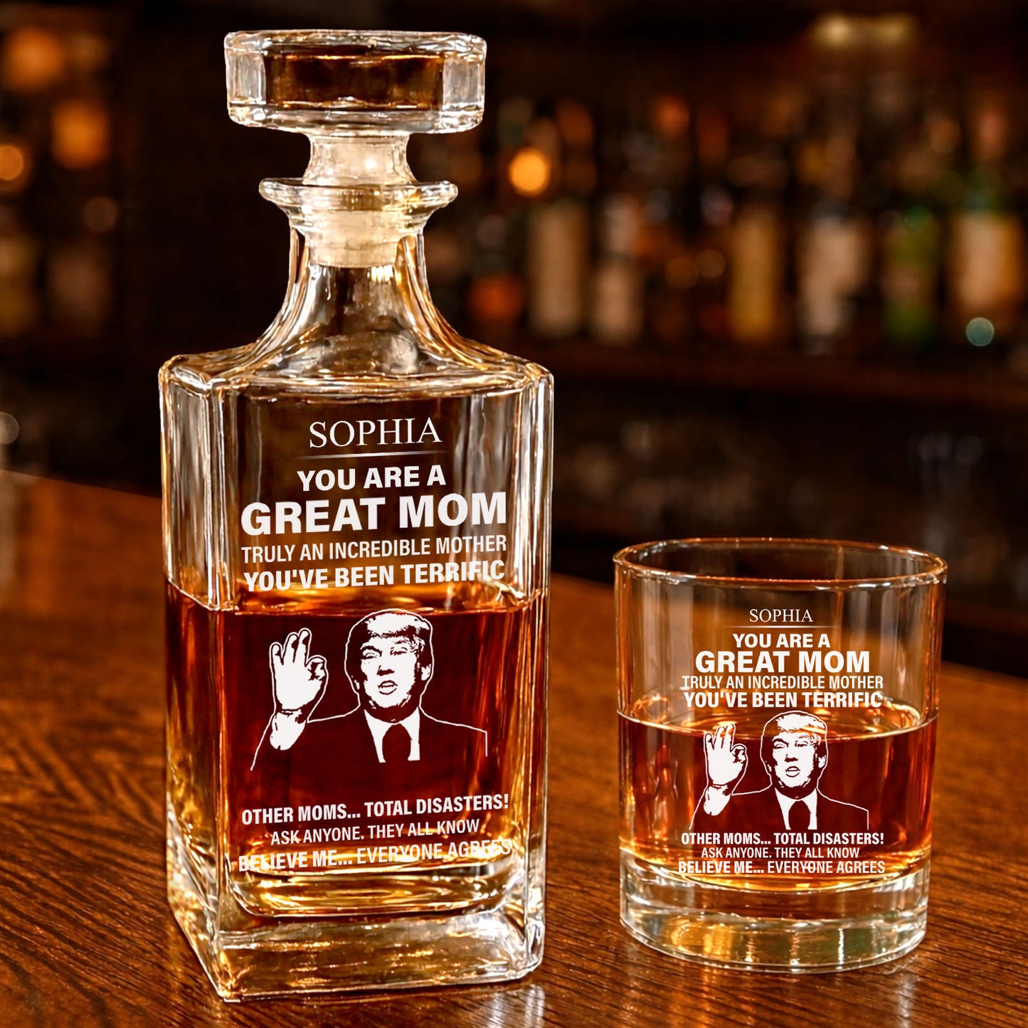 Personalized Mom Whiskey Decanter Set | Funny Trump Whiskey Glass Whiskey Bottle | Mother's Day Gift 684566