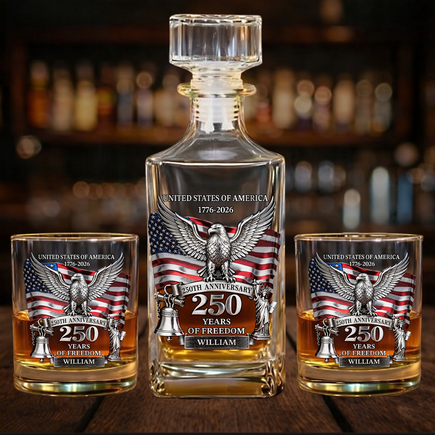 Personalized USA 250 Years Anniversary Whiskey Decanter Set | Whiskey Glass & Bottle Set Gift Patriot 684619