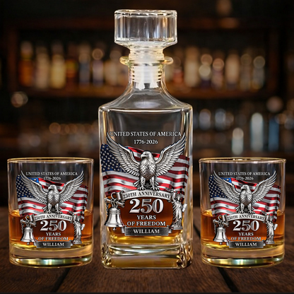 Personalized USA 250 Years Anniversary Whiskey Decanter Set | Whiskey Glass & Bottle Set Gift Patriot 684619