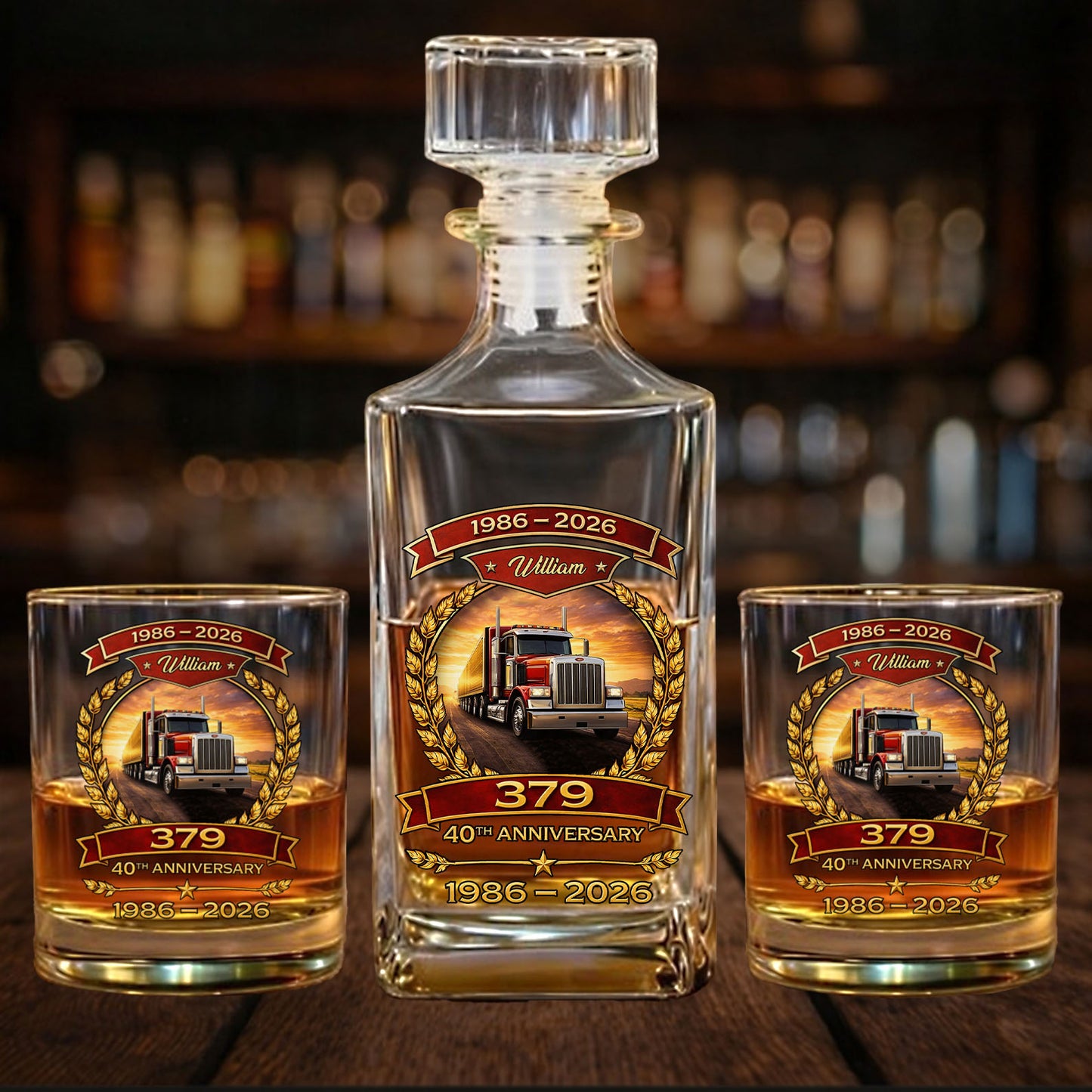 Custom Name 379 Truck Whiskey Decanter Set | 40th Anniversary 1986–2026 Whiskey Bottle Whiskey Glass 684093
