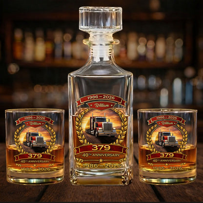 Custom Name 379 Truck Whiskey Decanter Set | 40th Anniversary 1986–2026 Whiskey Bottle Whiskey Glass 684093