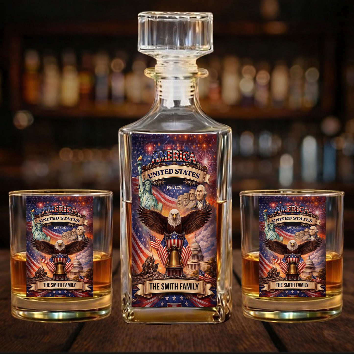 Custom Name 250 Years USA Anniversary Whiskey Decanter Set | Patriotic 1776–2026 Whiskey Glass Whiskey Bottle 684351