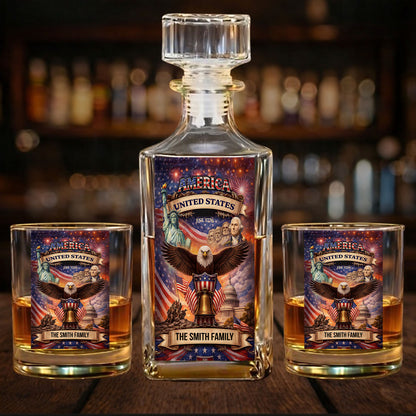 Custom Name 250 Years USA Anniversary Whiskey Decanter Set | Patriotic 1776–2026 Whiskey Glass Whiskey Bottle 684351