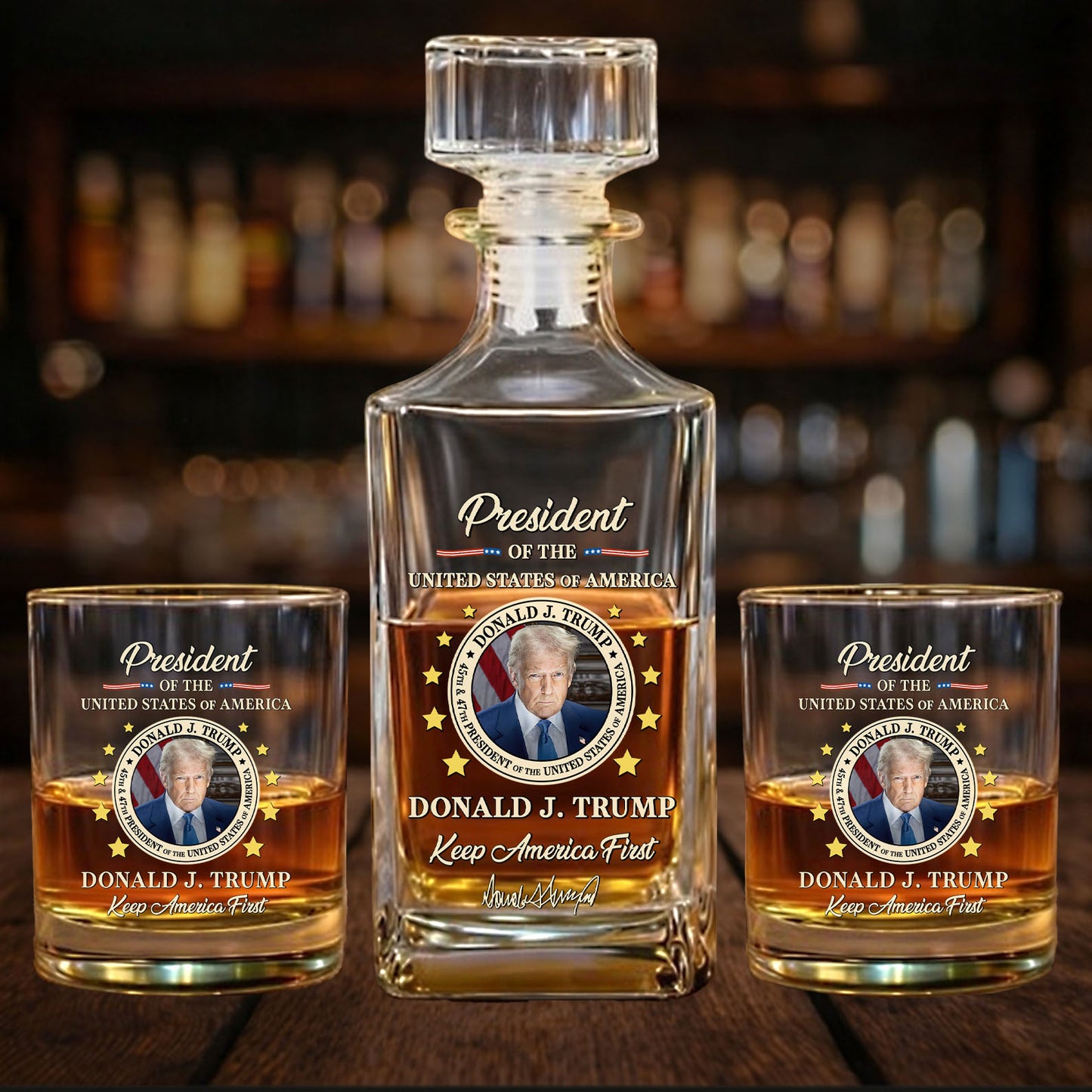 Donald Trump 45/47 Whiskey Decanter Set | Keep America First Whiskey Bottle Whiskey Glass 684089 – GOP