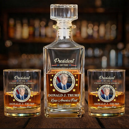 Donald Trump 45/47 Whiskey Decanter Set | Keep America First Whiskey Bottle Whiskey Glass 684089 – GOP