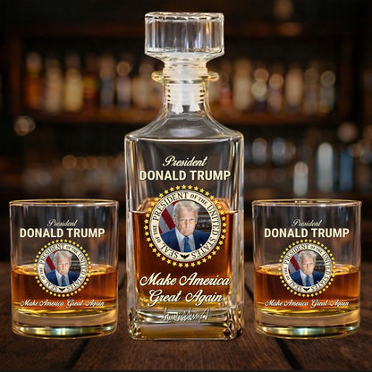 Donald Trump Whiskey Bottle, Trump 45 47 Whiskey Decanter Set, MAGA Wine Glass for Whiskey Lovers 684088 – GOP