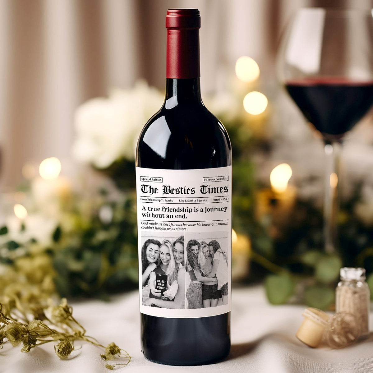 Custom Photo The BFF Times Wine Label | Personalized Wine Bottle Label| Friendship Gifts Newspaper 683998