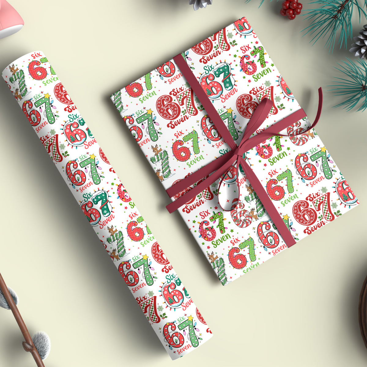Funny 6 7 Wrapping Paper | Six Seven Christmas Wrap | 67 Meme Funny Christmas Gift Wrap | Ideas For Family - 683652