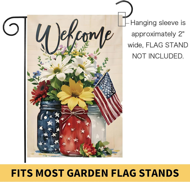 4Th of July Mason Jar Flowers Summer Garden Flag 12X18, Patriotic Celebration Double-Sided Decorative Burlap Yard Flag for Memorial Day Independence Day outside Decoration Holiday Festivities