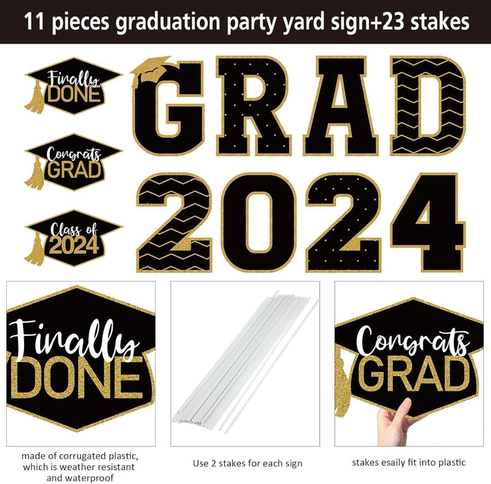 11 Pcs Graduation Yard Sign Decorations Congrats Graduation Lawn Signs 2024 Grad Yard Signs with 23 Stakes for Outdoor Grad Party(Black and Gold, Simple Style)