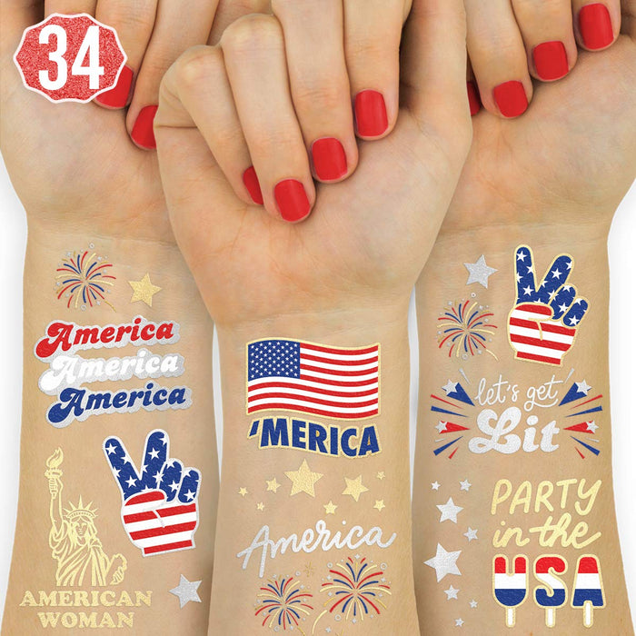 Fourth of July Decorations Tattoos - 34 Styles | Red White and Blue Party Supplies, 4Th of July, USA Flag, Memorial Day, Independence Day, Labor Day