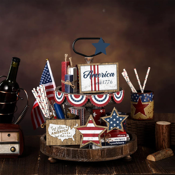 13 Pcs 4Th of July Patriotic Tiered Tray Decor Set Patriotic Independence Day Decoration Rustic Farmhouse Memorial Day Wooden Sign American Star Wooden Red White Blue Decor for Table Home Party