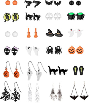 26Pairs Halloween Thanksgiving Fall Christmas Theme Earrings Set Holiday Earrings Halloween Stud Earrings Set Spider Pumpkin Ghost Bat Web Skull Drop Earring Holiday Jewelry Gifts