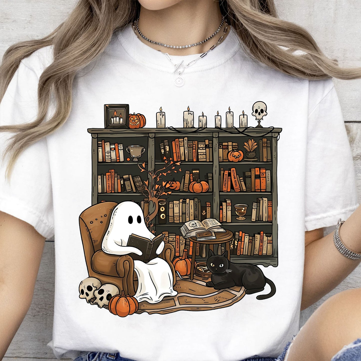 Retro Ghost Reading Bright Sweatshirt, Cute Halloween Librarian Shirt, Book Lover Teacher Gift 685644