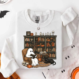 Retro Ghost Reading Bright Sweatshirt, Cute Halloween Librarian Shirt, Book Lover Teacher Gift 685644