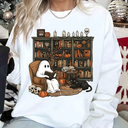 Retro Ghost Reading Bright Sweatshirt, Cute Halloween Librarian Shirt, Book Lover Teacher Gift 685644