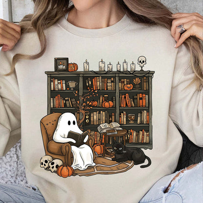 Retro Ghost Reading Bright Sweatshirt, Cute Halloween Librarian Shirt, Book Lover Teacher Gift 685644