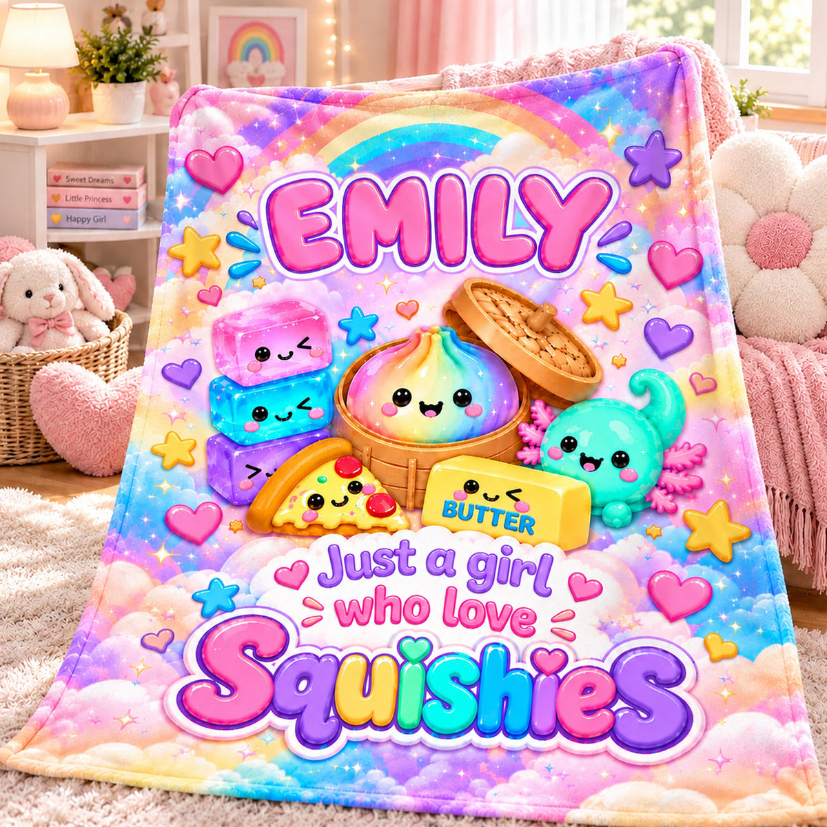 Custom Name Squishy Lover Throw Blanket, Personalized Kawaii Soft Blanket for Girls 686957 WFD