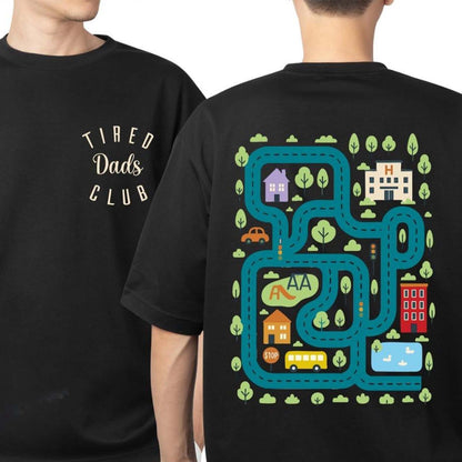 Tired Dads Club Shirt, Funny Dad Life Humor, Father's Day Gifts, Car Track Play Mat Tee Pocket & Back Dark Shirt WFD