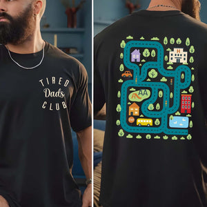 Tired Dads Club Shirt, Funny Dad Life Humor, Father's Day Gifts, Car Track Play Mat Tee Pocket & Back Dark Shirt WFD
