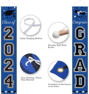 Blue Graduation Decorations Class of 2024, Congrats Grad Porch Banner for Any Schools or Grades 2024 Graduation Party Decorations