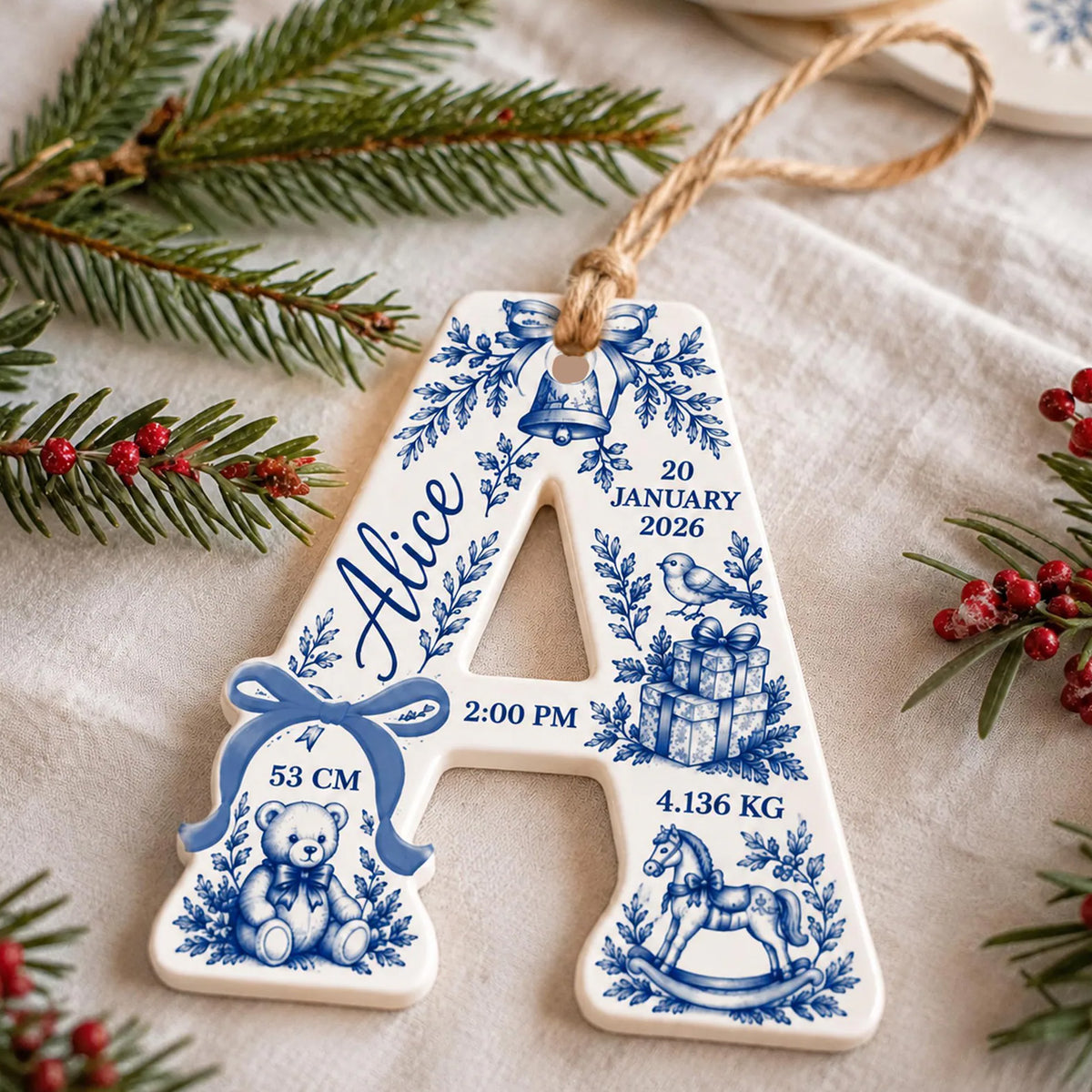 Personalized Baby Birth Announcement Christmas Ceramic Ornament, Custom Letter Monogram Baby Stats Keepsake 686980 WFD
